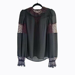 Vintage Anne Klein Black Top SzM Burgundy Lace Ruffle Collar Whimsigoth Y2K Goth